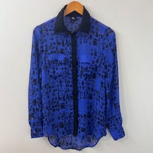 Rock & Republic Blue Black Abstract Geometric Button Down Blouse Size 6 Sheer
